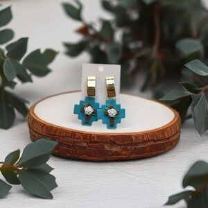 Turquoise Cross Earrings with Gold Accents